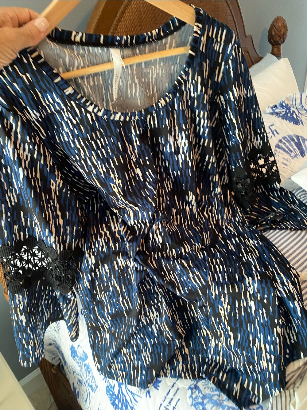 NY COLLECTION Navy and White Patterned Scoop Neck Tunic with Black Lace Trim